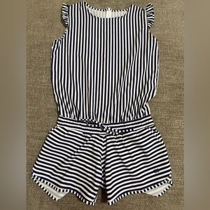 Albion Fit Romper, navy blue and white stripes size XS.